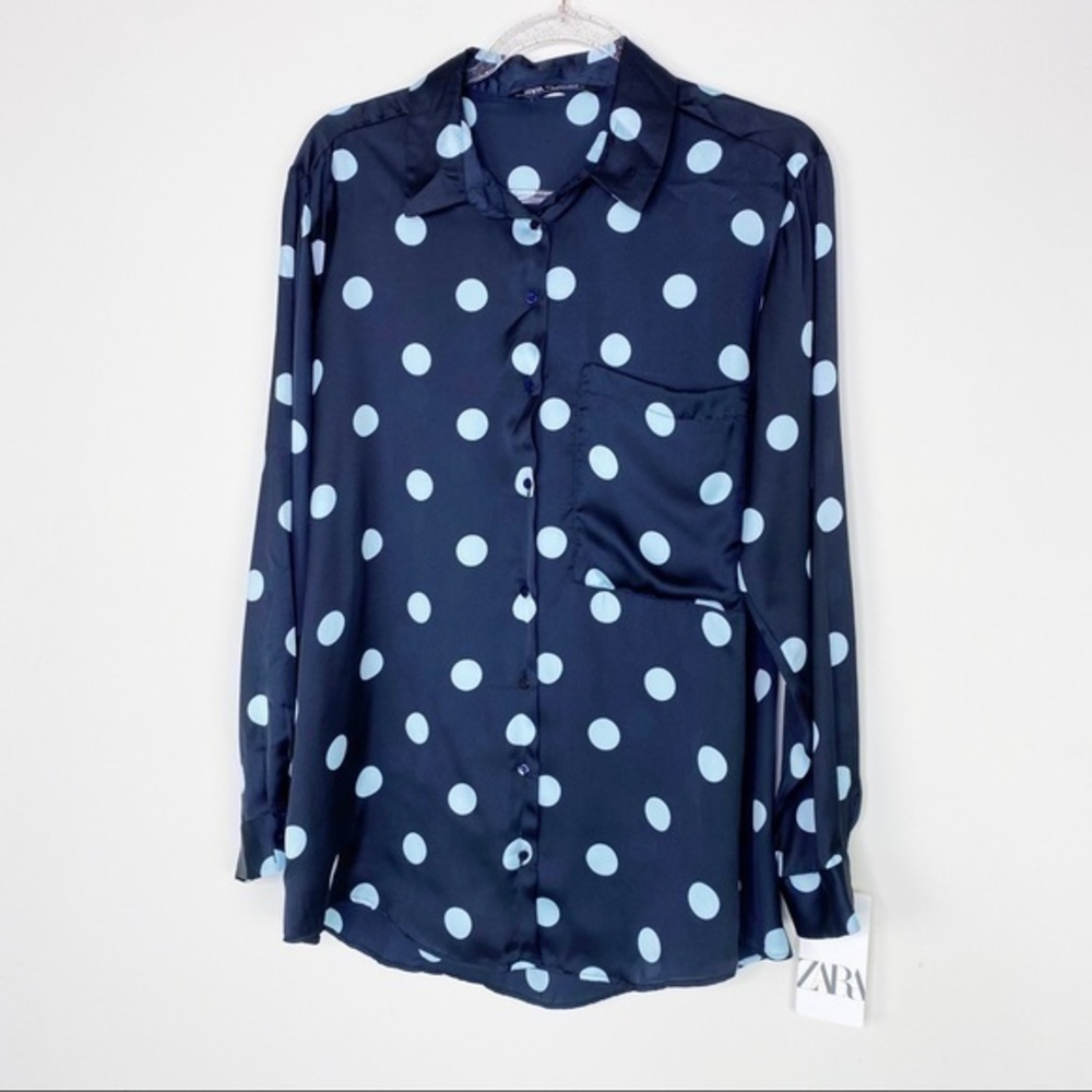 Zara polka dot blue silk button down top